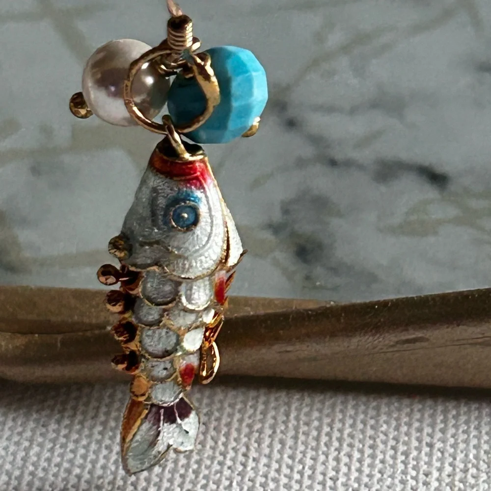 Articulating 14K Gold Koi Fish Enamel Good Luck Dangle Earrings Blue White